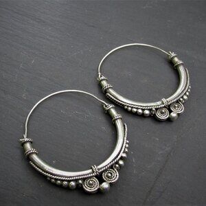 Vintage Rare Silver Tribal Ornate Hoops Handmade in Bali